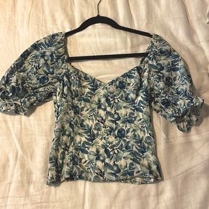 Blue and white smocked back blouse